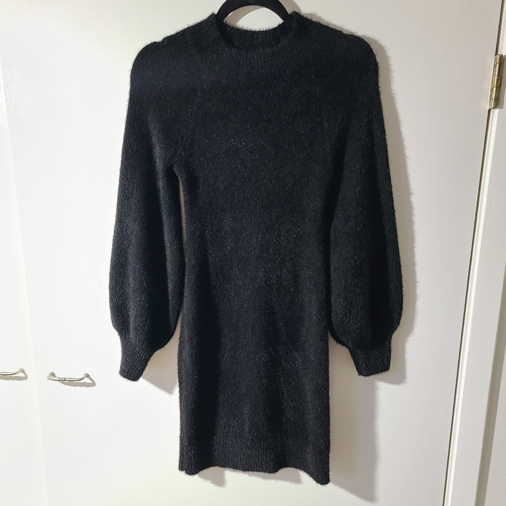 Versona Black Fuzzy Soft Long Bell Sleeve Sweater Dress Black Cat Size XS